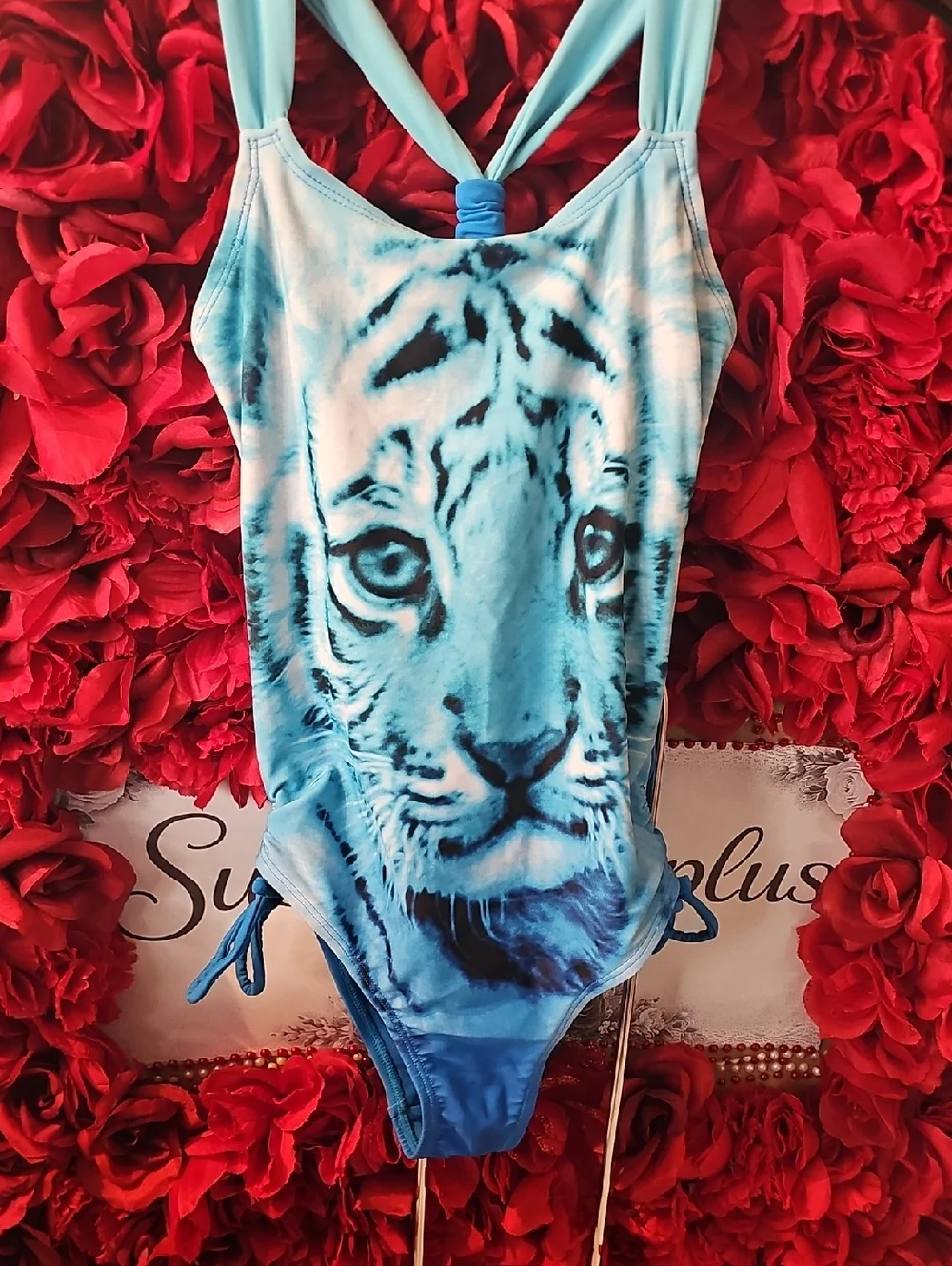Justice NWOT Girls Bright Blue Tiger One Piece Swimsuit Size 8